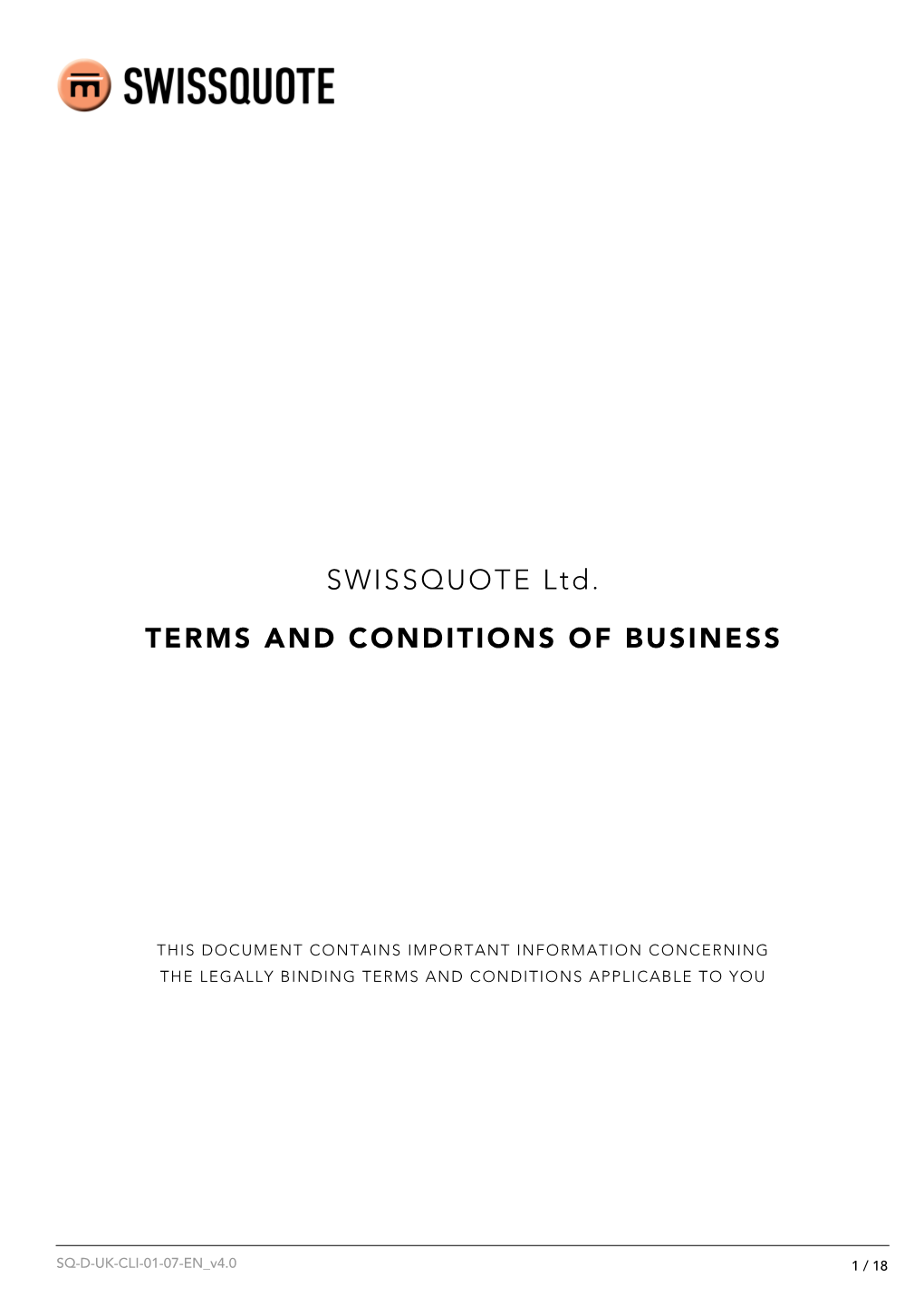 SWISSQUOTE Ltd. TERMS and CONDITIONS of BUSINESS