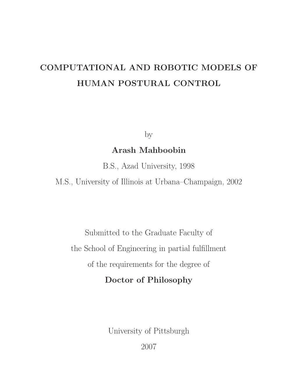 Computational and Robotic Models of Human Postural Control