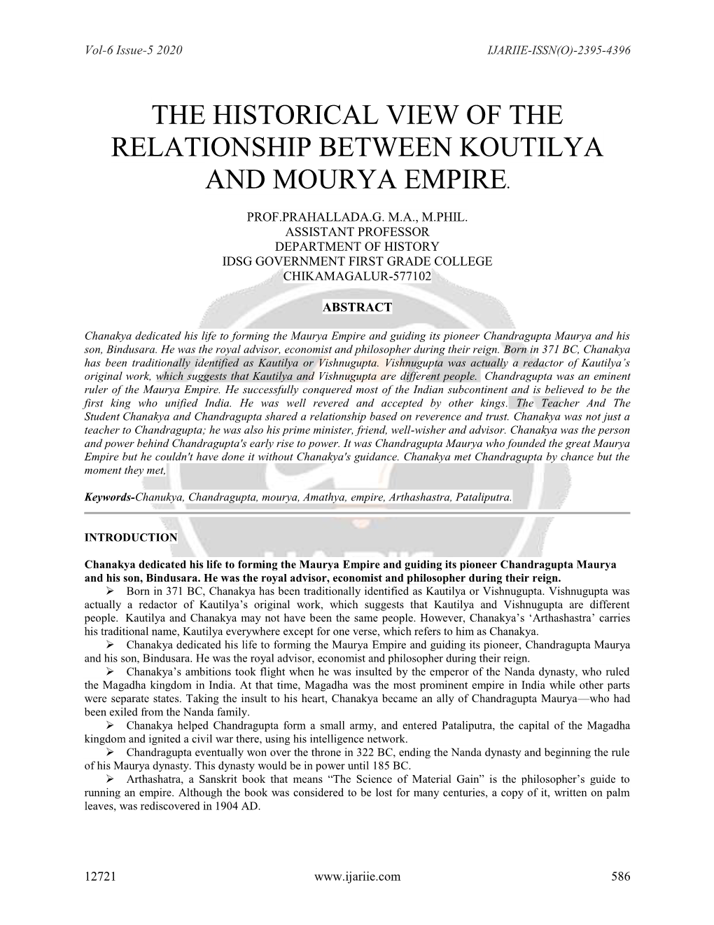 The Historical View of the Relationship Between Koutilya and Mourya Empire