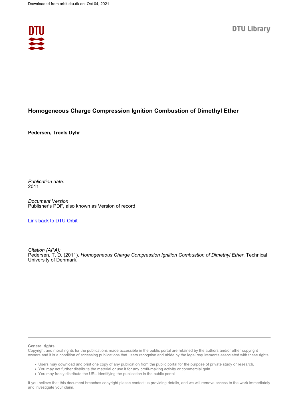 Homogeneous Charge Compression Ignition Combustion of Dimethyl Ether