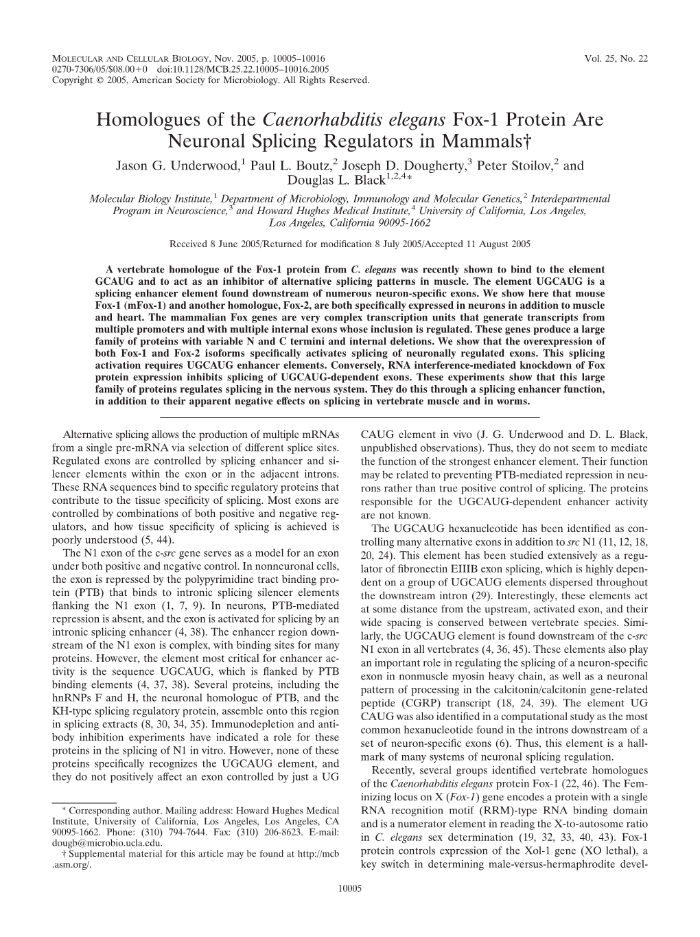 Homologues of the Caenorhabditis Elegans Fox-1 Protein Are Neuronal Splicing Regulators in Mammals† Jason G