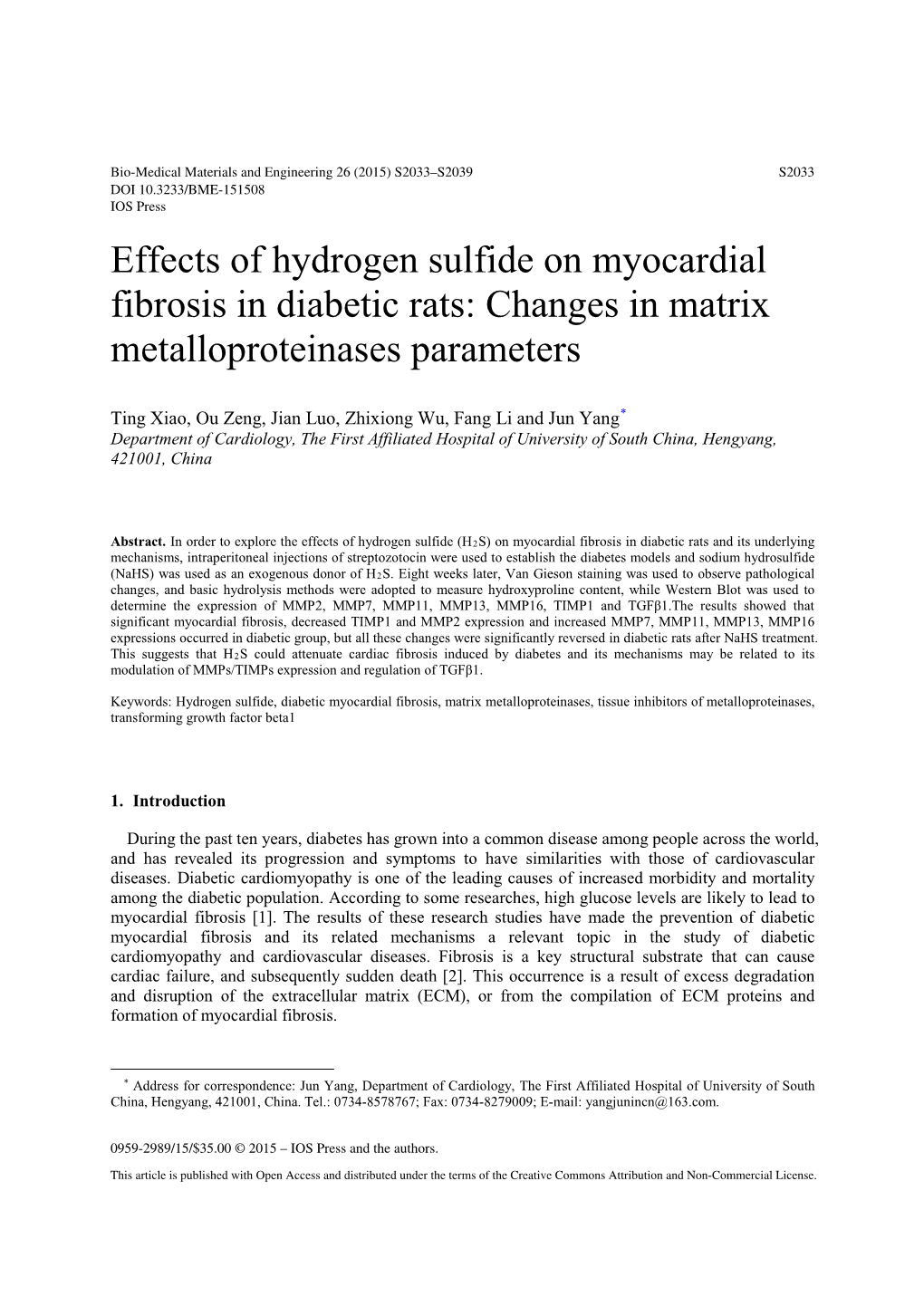 Effects of Hydrogen Sulfide on Myocardial Fibrosis in Diabetic Rats: Changes in Matrix Metalloproteinases Parameters