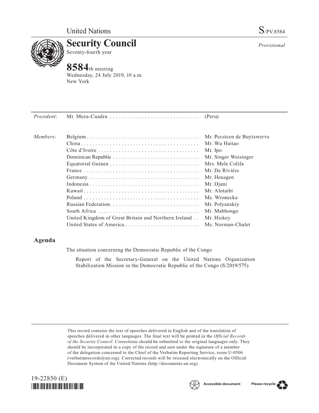 S/PV.8584 the Situation Concerning the Democratic Republic of the Congo 24/07/2019