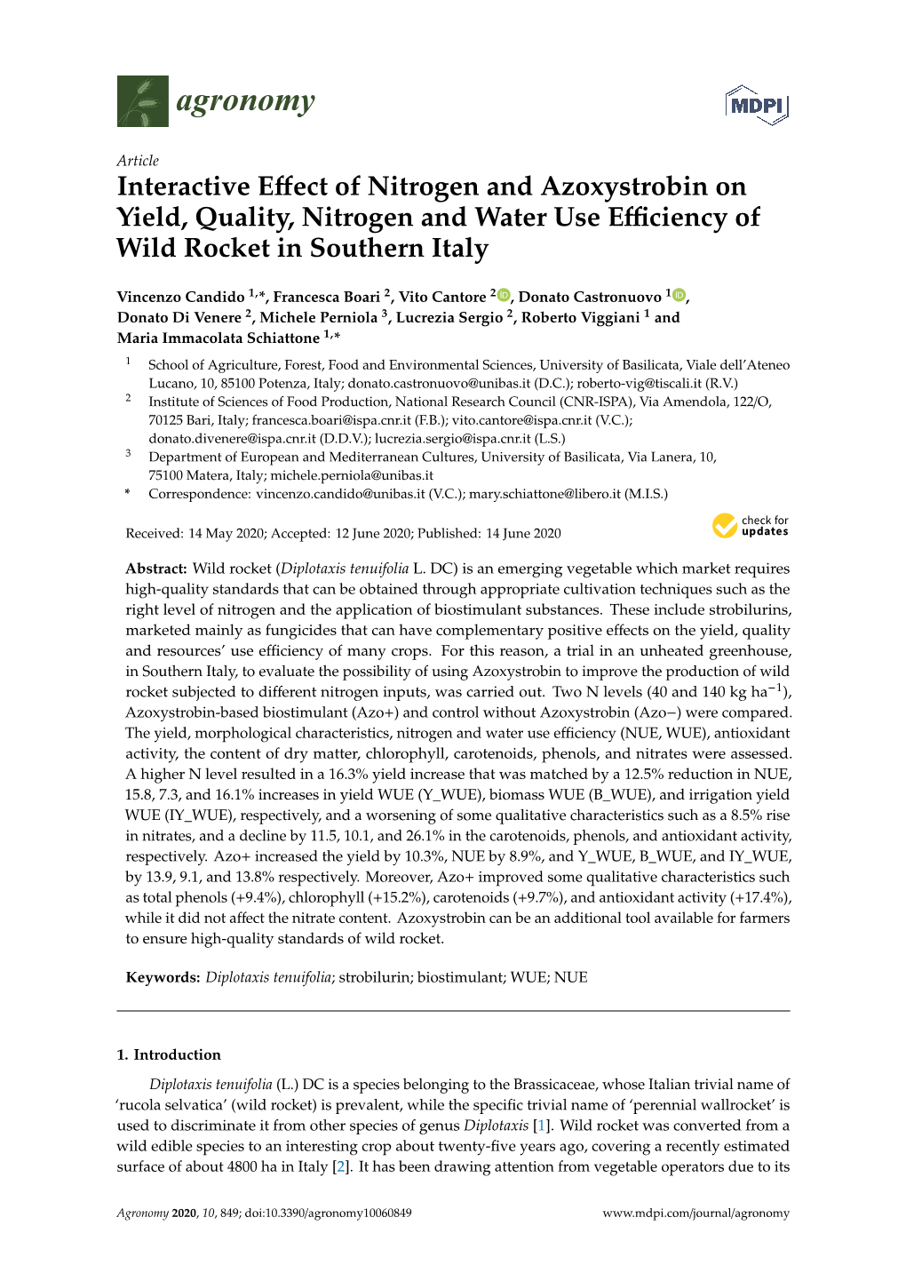 Interactive Effect of Nitrogen and Azoxystrobin on Yield, Quality, Nitrogen and Water Use Efficiency of Wild Rocket in Southern