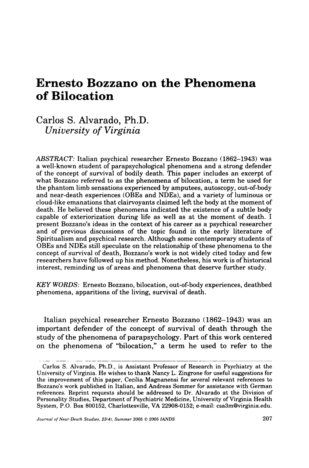 Ernesto Bozzano on the Phenomena of Bilocation