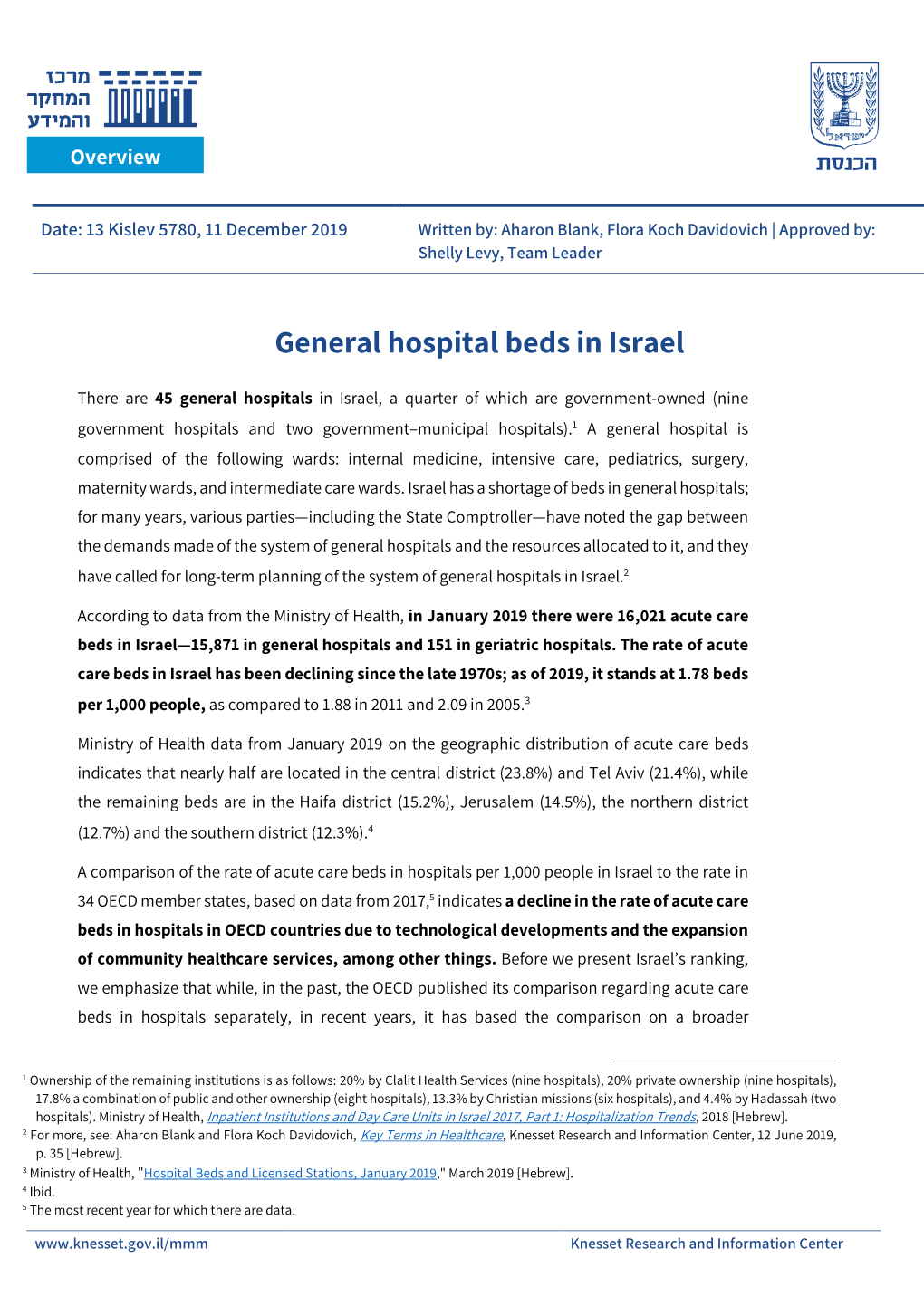 General Hospital Beds in Israel