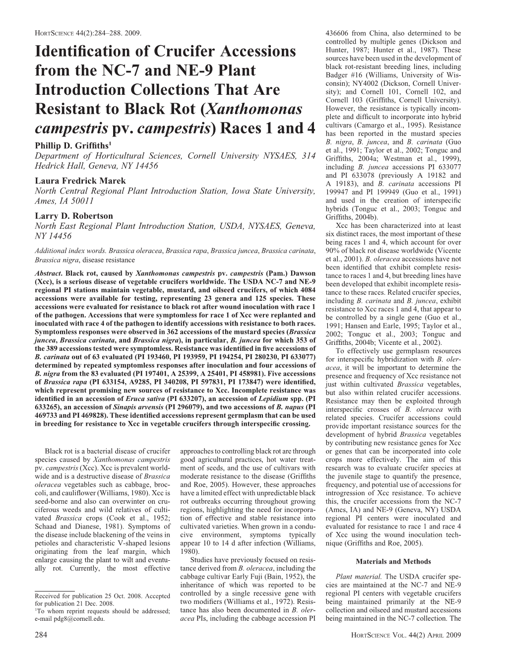 Identification of Crucifer Accessions from the NC-7 and NE-9 Plant