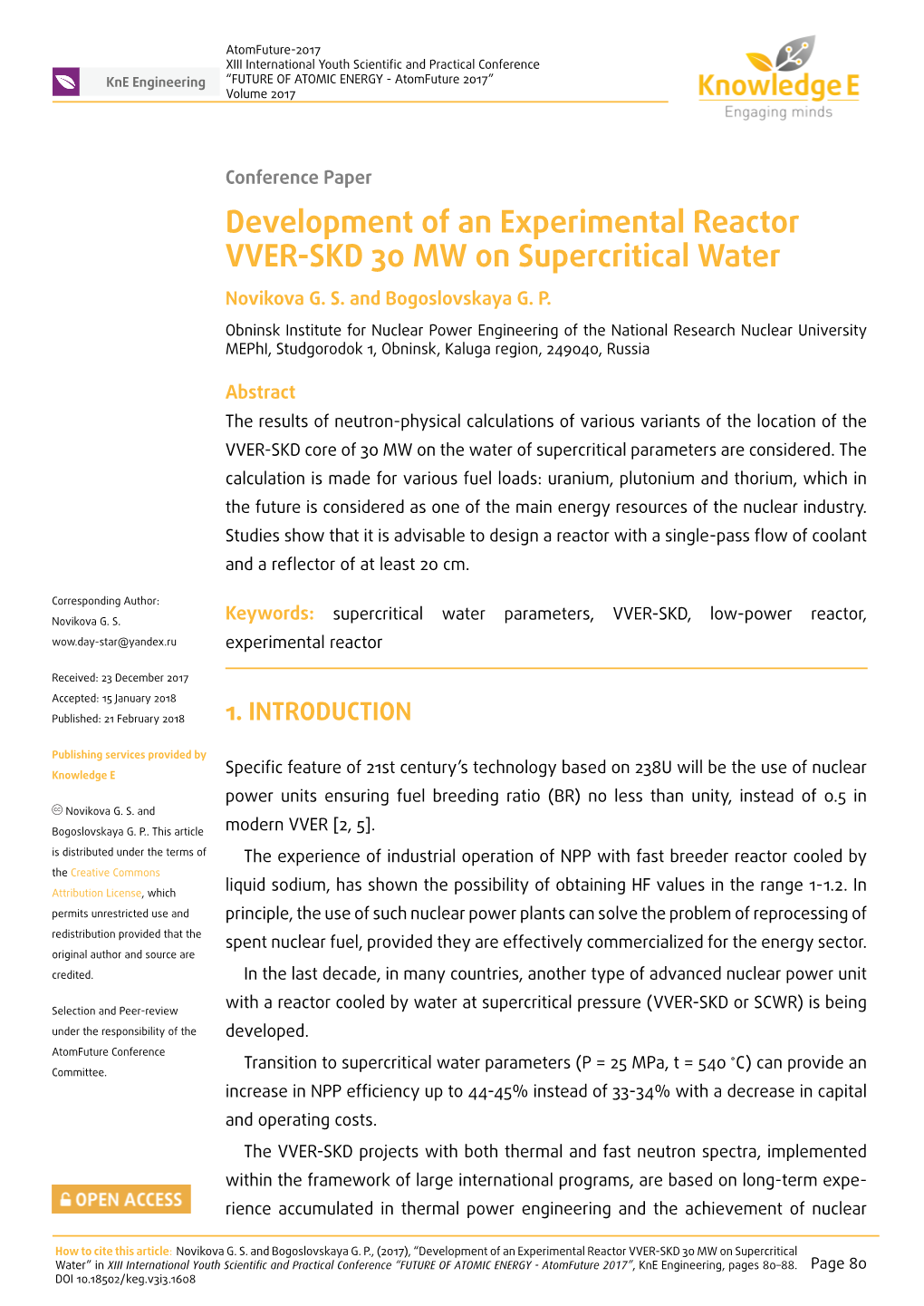 Development of an Experimental Reactor VVER-SKD 30 MW on Supercritical Water Novikova G