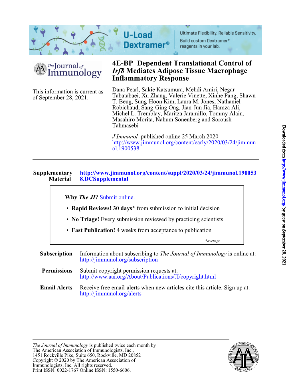 4E-BP–Dependent Translational Control of Irf8 Mediates Adipose Tissue Macrophage Inﬂammatory Response