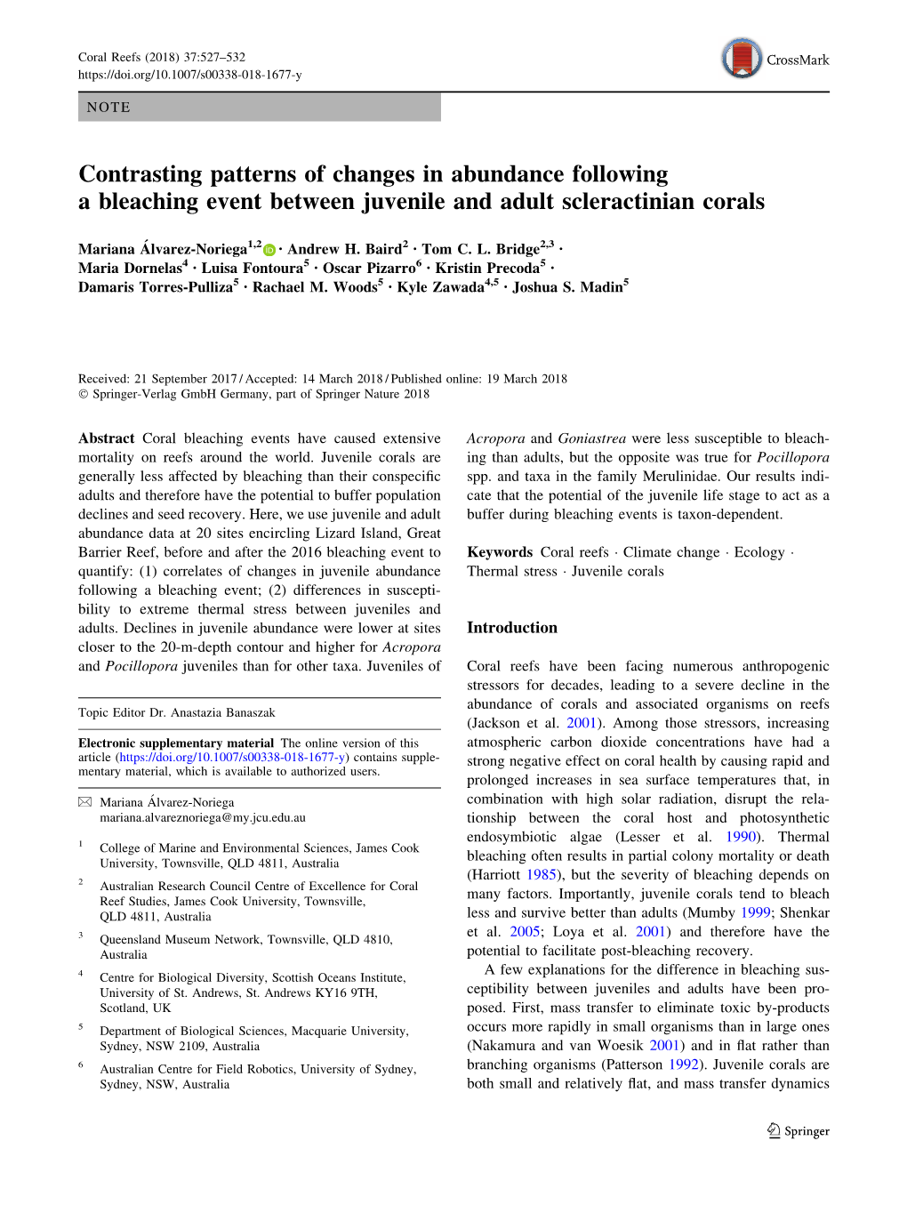 Contrasting Patterns of Changes in Abundance Following a Bleaching Event Between Juvenile and Adult Scleractinian Corals
