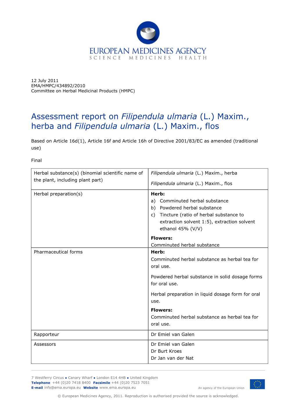 Assessment Report on Filipendula Ulmaria (L.) Maxim., Herba and Filipendula Ulmaria (L.) Maxim., Flos