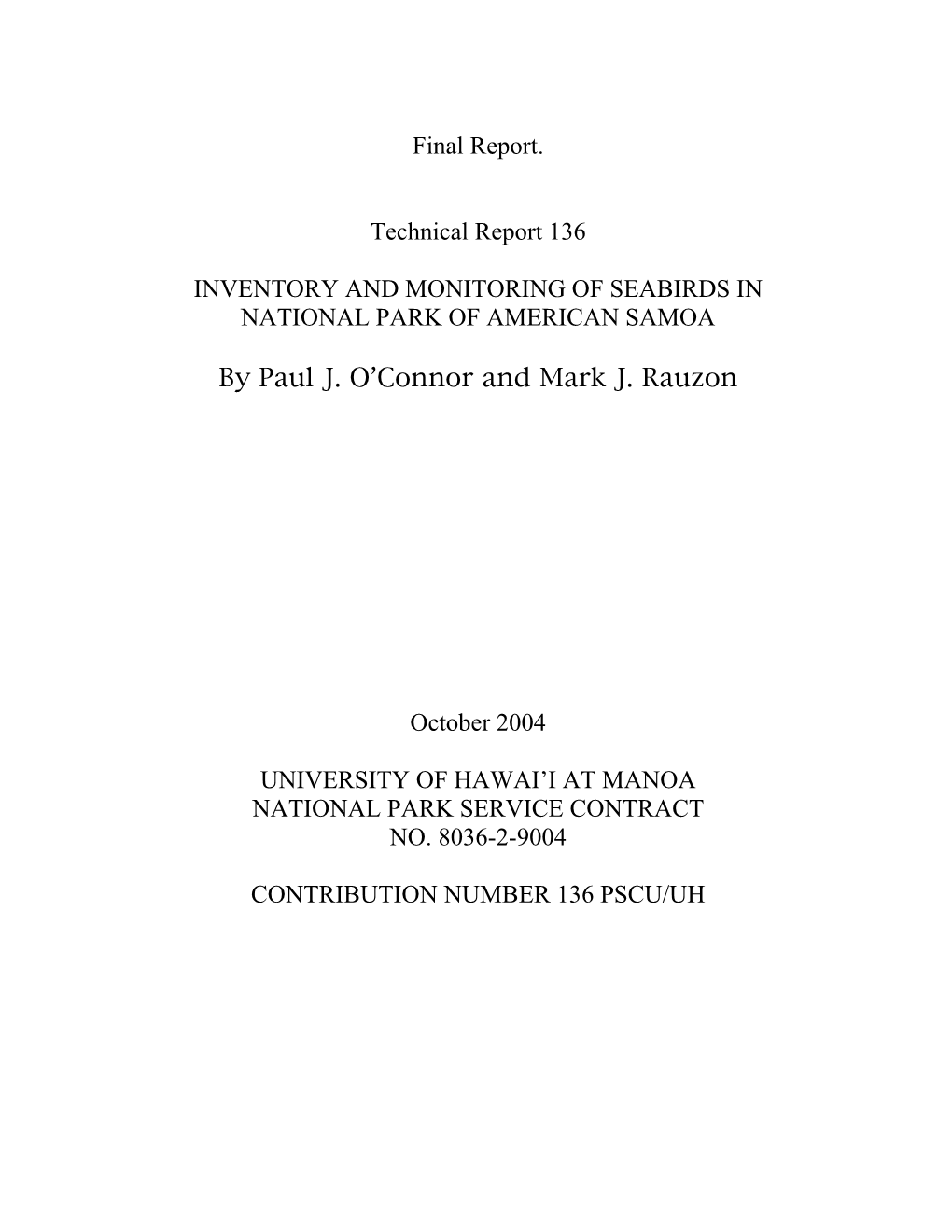 Inventory and Monitoring of Seabirds in National Park of American Samoa