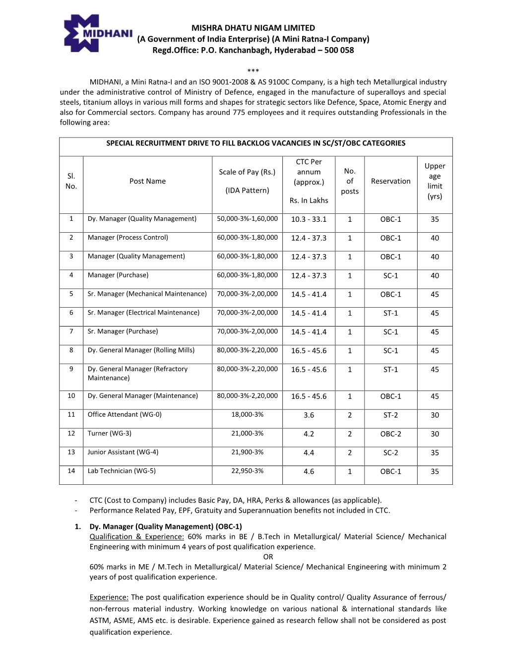 MISHRA DHATU NIGAM LIMITED (A Government of India Enterprise) (A Mini Ratna-I Company) Regd.Office: P.O