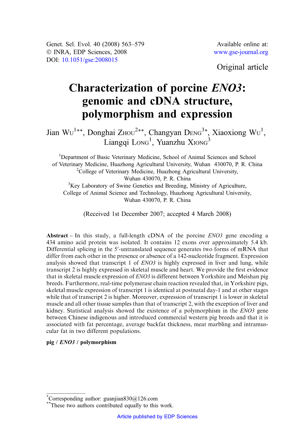 Characterization of Porcine ENO3: Genomic and Cdna Structure, Polymorphism and Expression