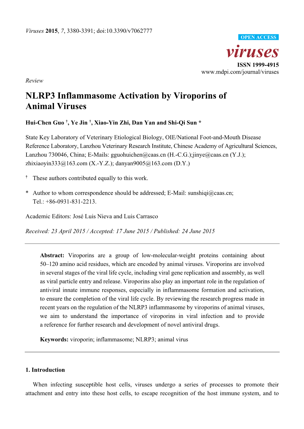 NLRP3 Inflammasome Activation by Viroporins of Animal Viruses