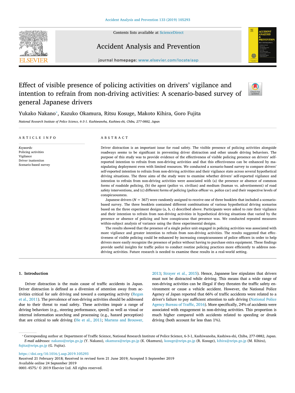 Effect of Visible Presence of Policing Activities on Drivers' Vigilance And