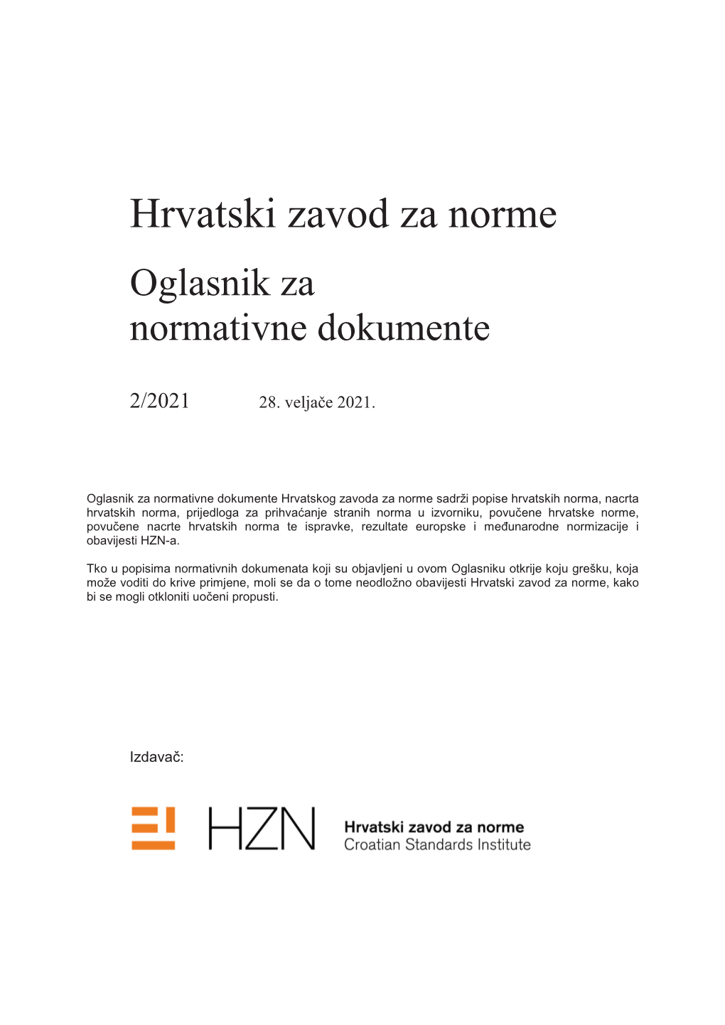 HZN Oglasnik Za Normativne Dokumente 2/2021