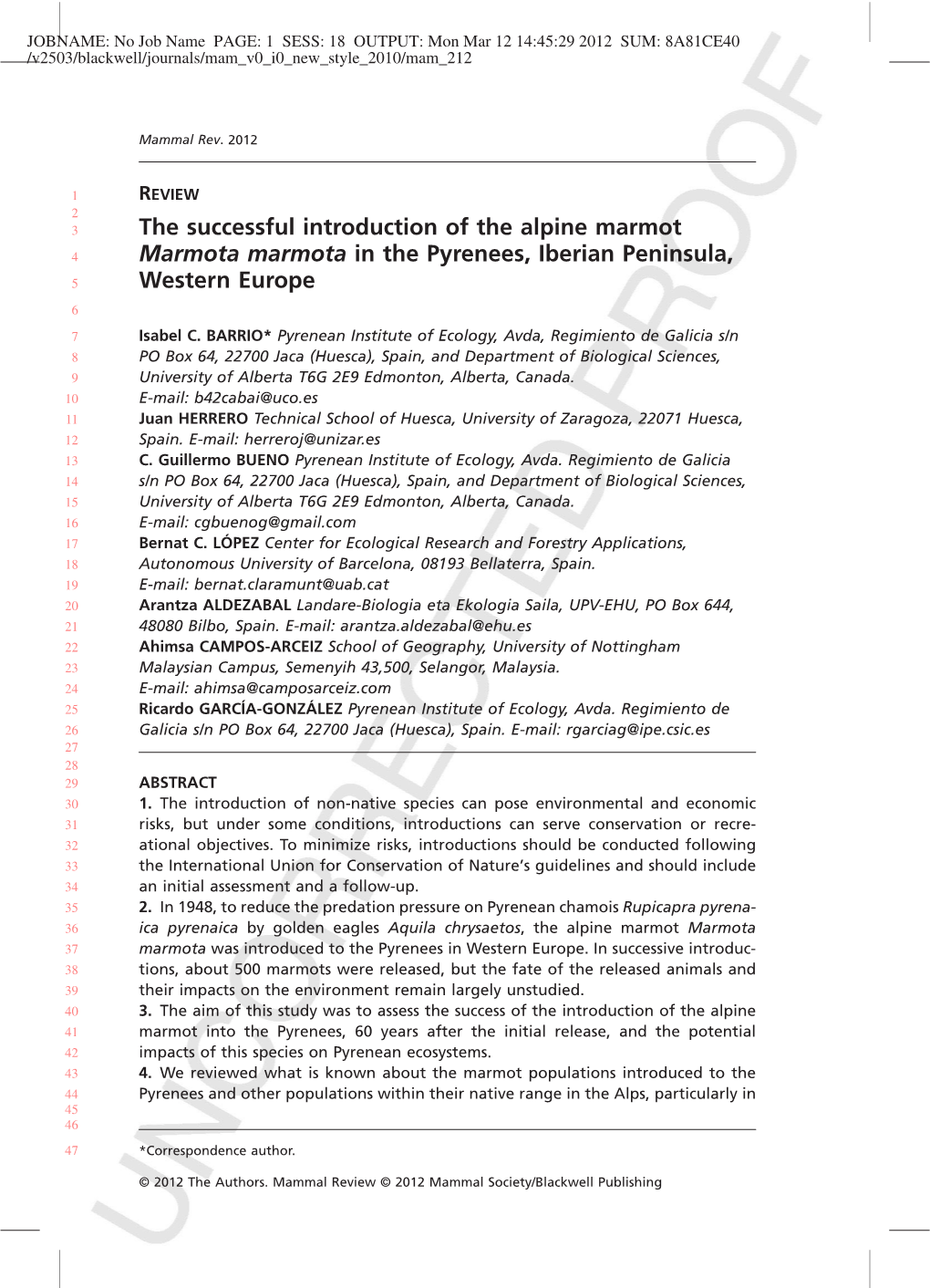 The Successful Introduction of the Alpine Marmot Marmota Marmota In