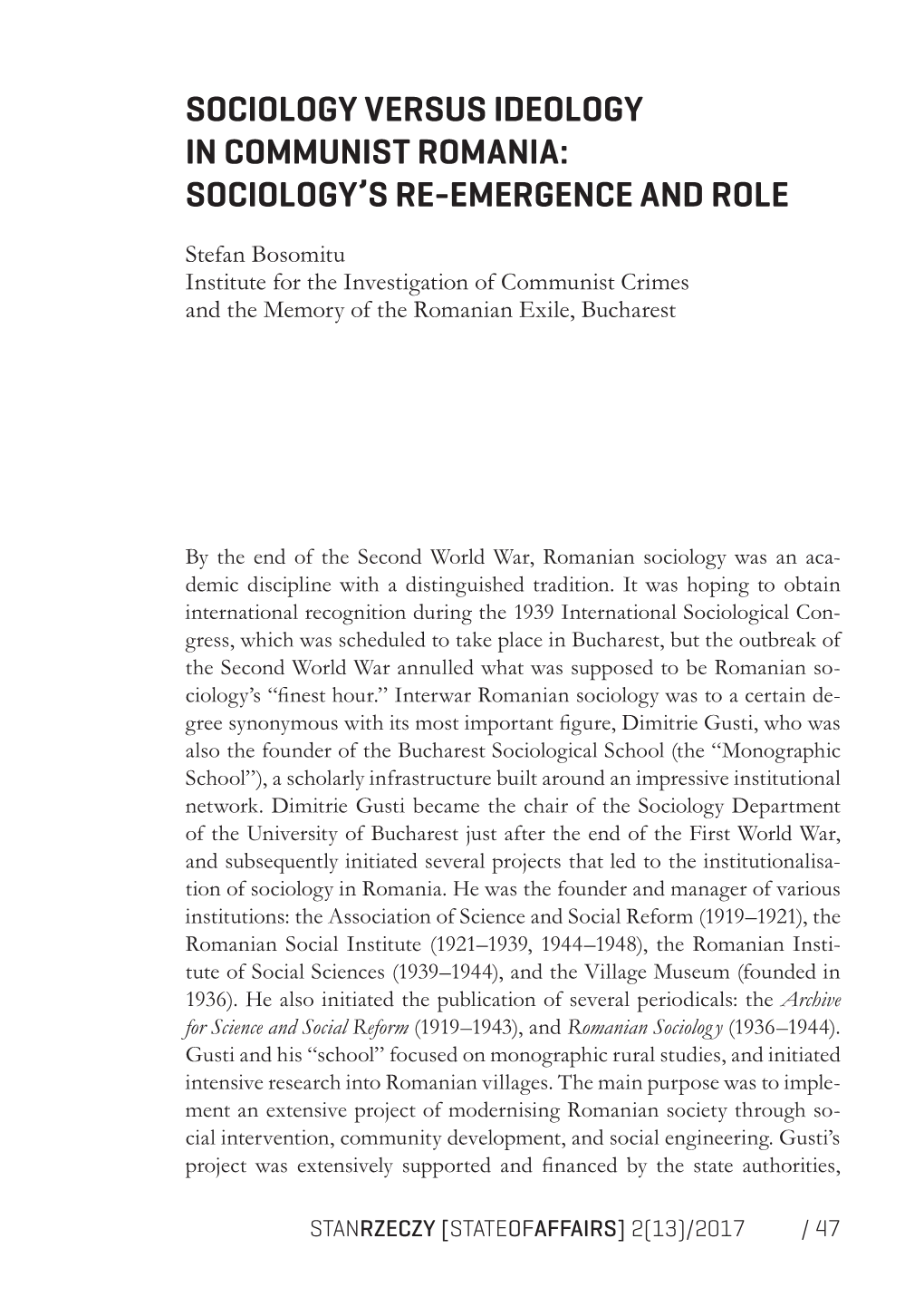 Sociology Versus Ideology in Communist Romania: Sociology’S Re-Emergence and Role