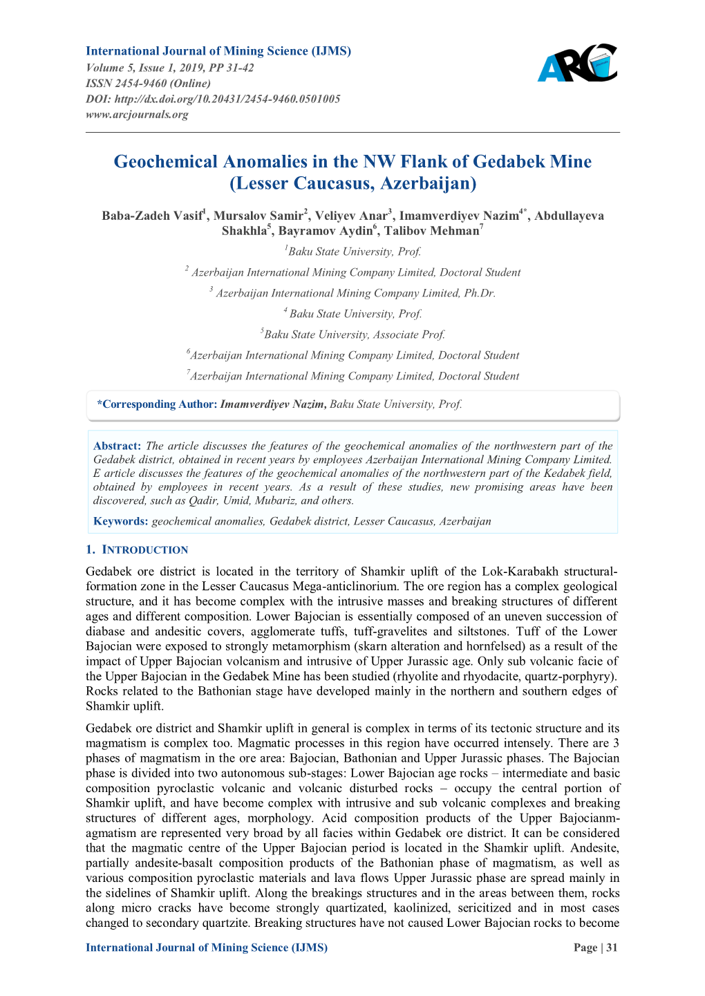 Geochemical Anomalies in the NW Flank of Gedabek Mine (Lesser Caucasus, Azerbaijan)