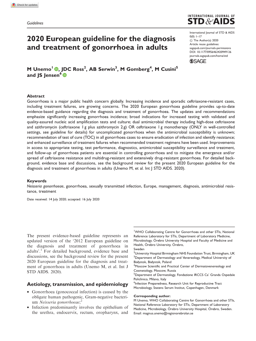 2020 European Guideline for the Diagnosis and Treatment of Gonorrhoea in Adults (Unemo M, Et Al