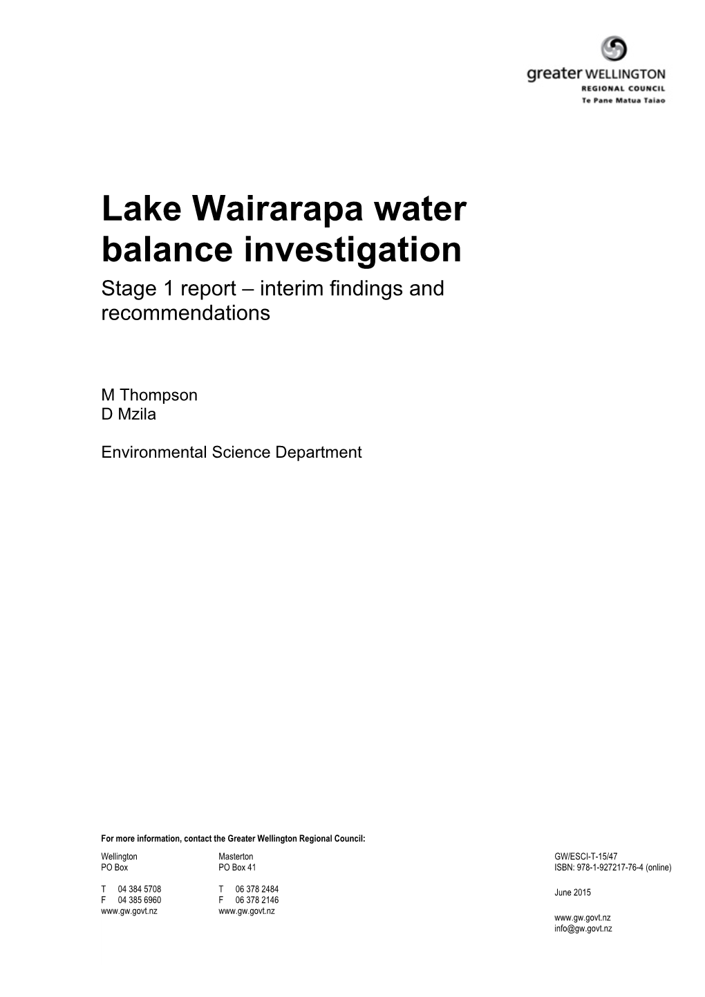 Lake Wairarapa Water Balance Investigation Stage 1 Report – Interim Findings and Recommendations
