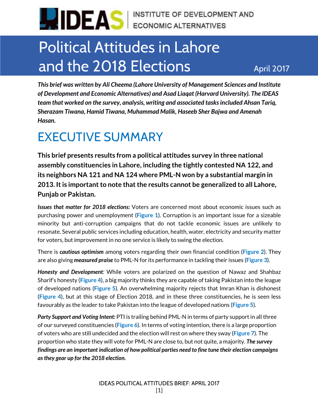 Political Attitudes in Lahore and the 2018 Elections April 2017