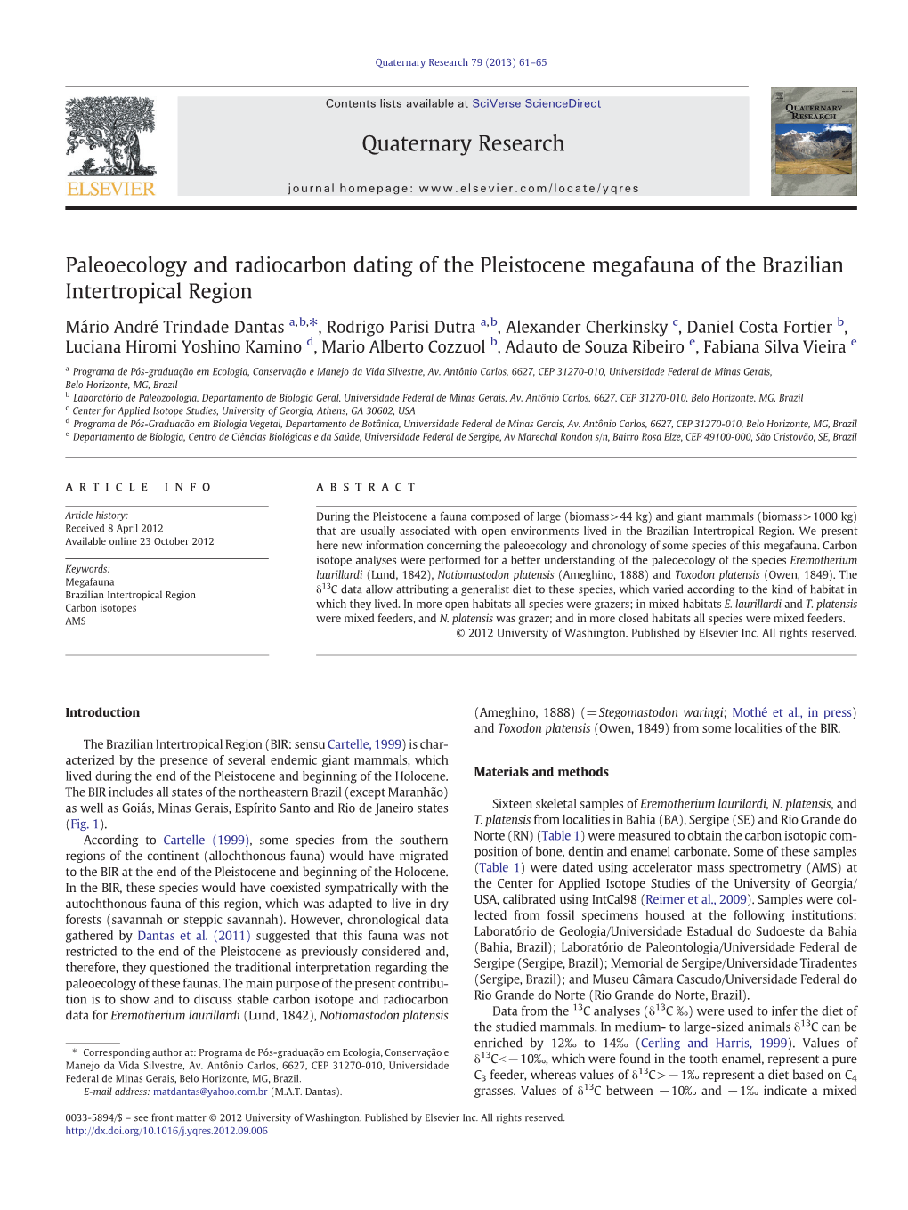 Paleoecology and Radiocarbon Dating of the Pleistocene Megafauna of the Brazilian Intertropical Region