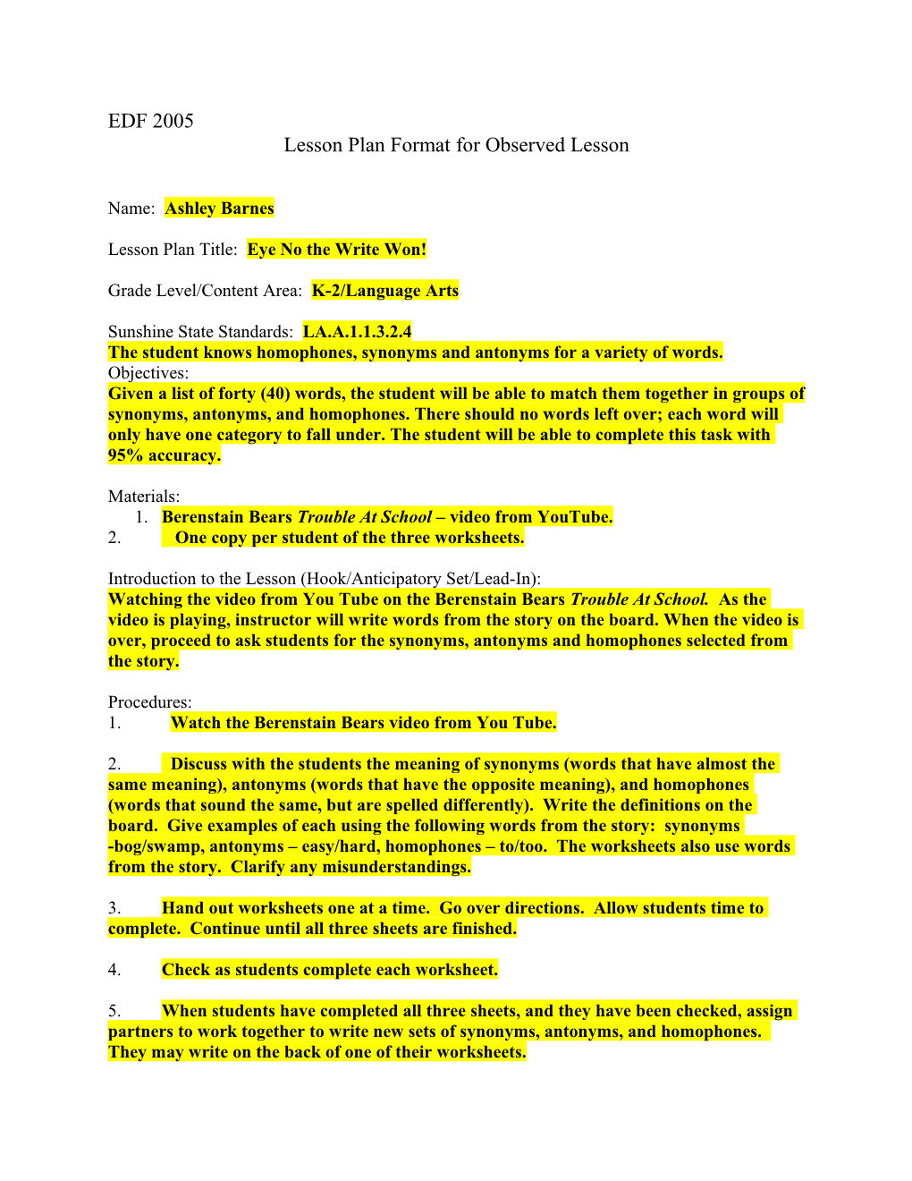 Lesson Plan Format for Observed Lesson