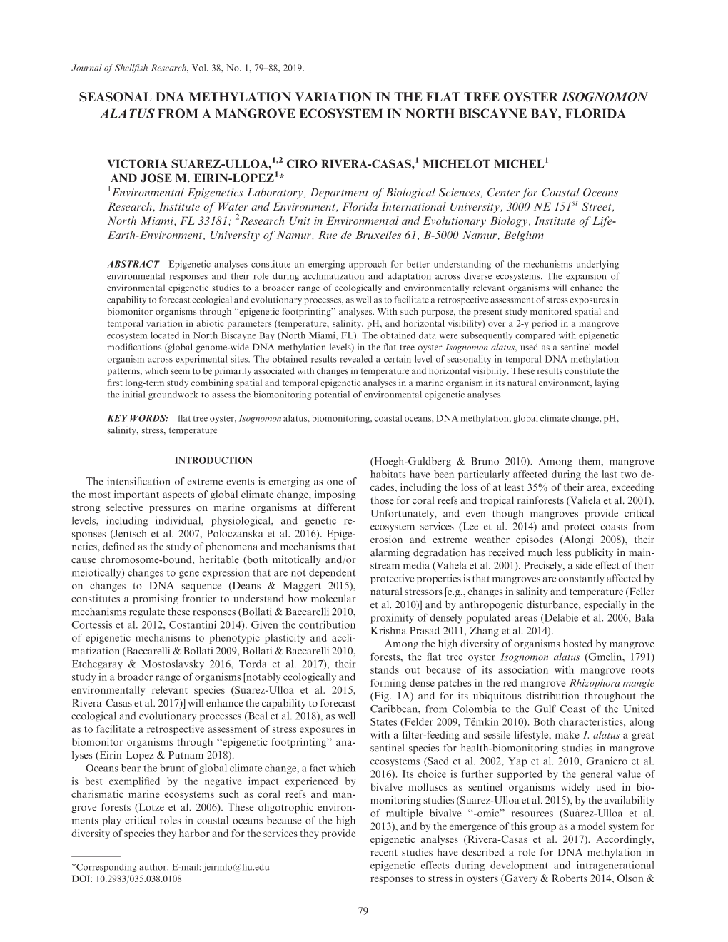 Seasonal Dna Methylation Variation in the Flat Tree Oyster Isognomon Alatus from a Mangrove Ecosystem in North Biscayne Bay, Florida