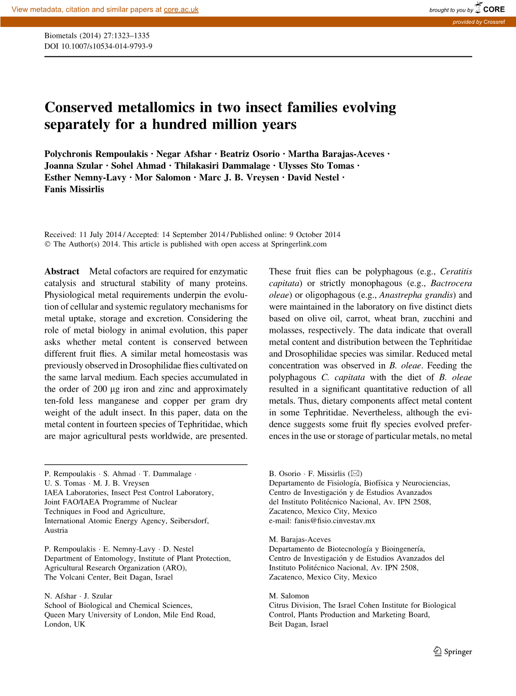 Conserved Metallomics in Two Insect Families Evolving Separately for a Hundred Million Years