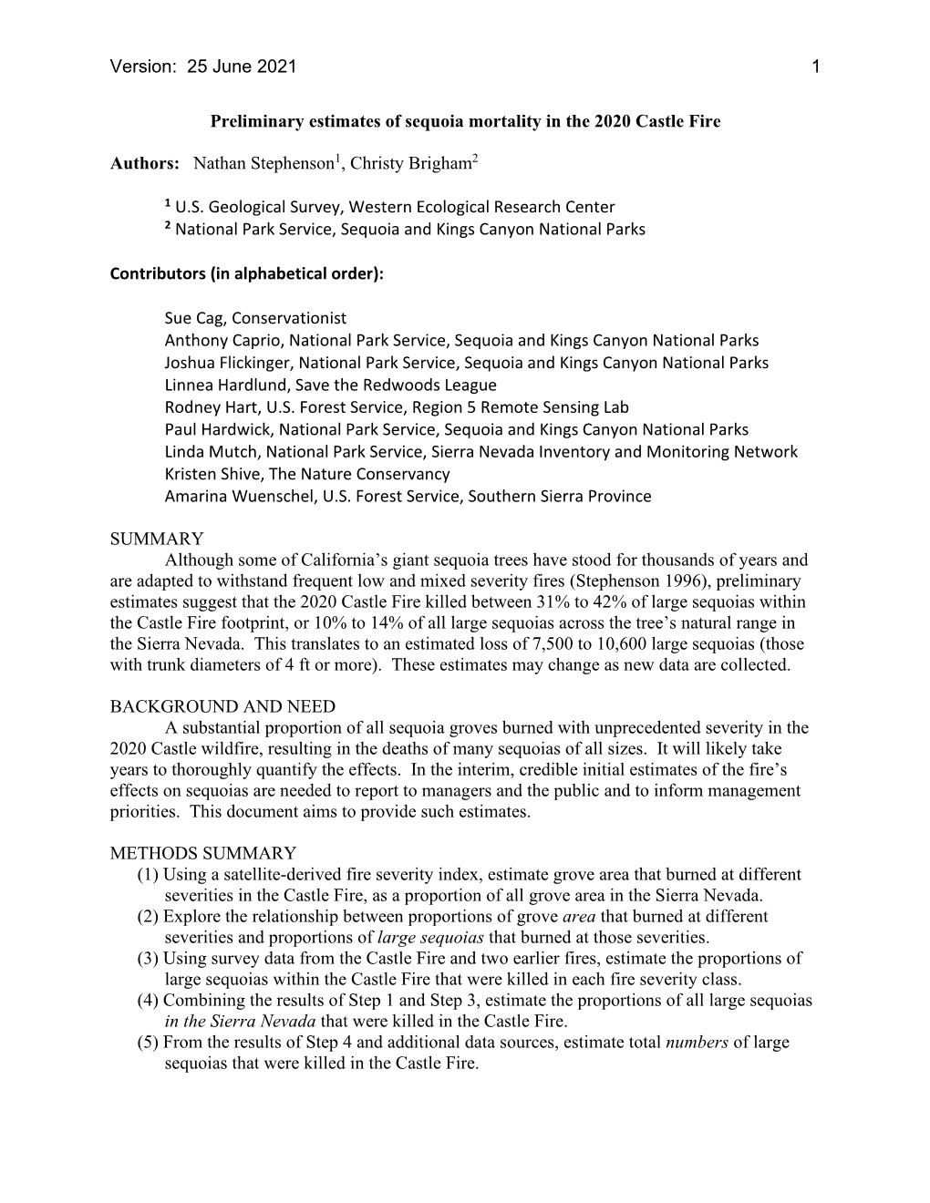 Preliminary Estimates of Sequoia Mortality in the 2020 Castle Fire