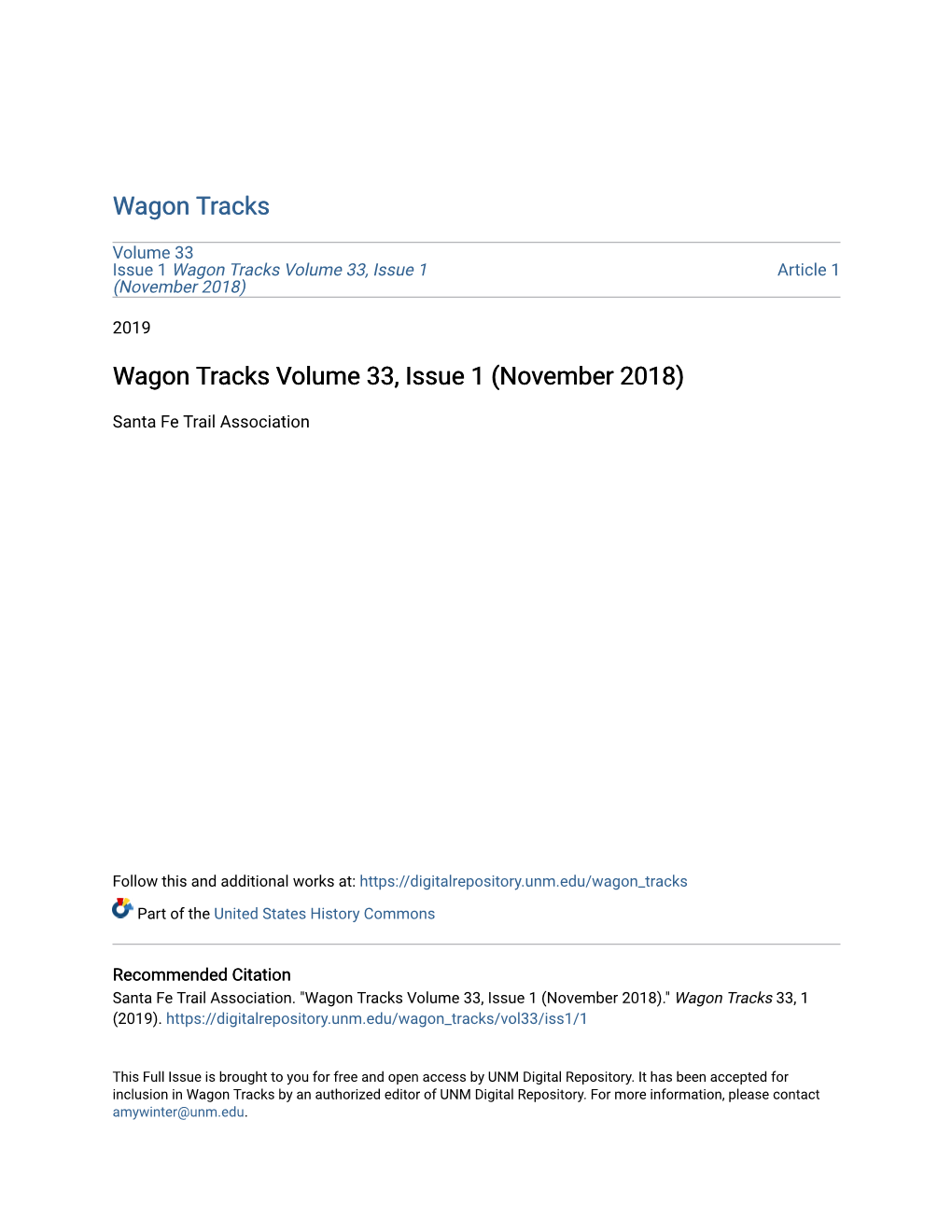 Wagon Tracks Volume 33, Issue 1 Article 1 (November 2018)