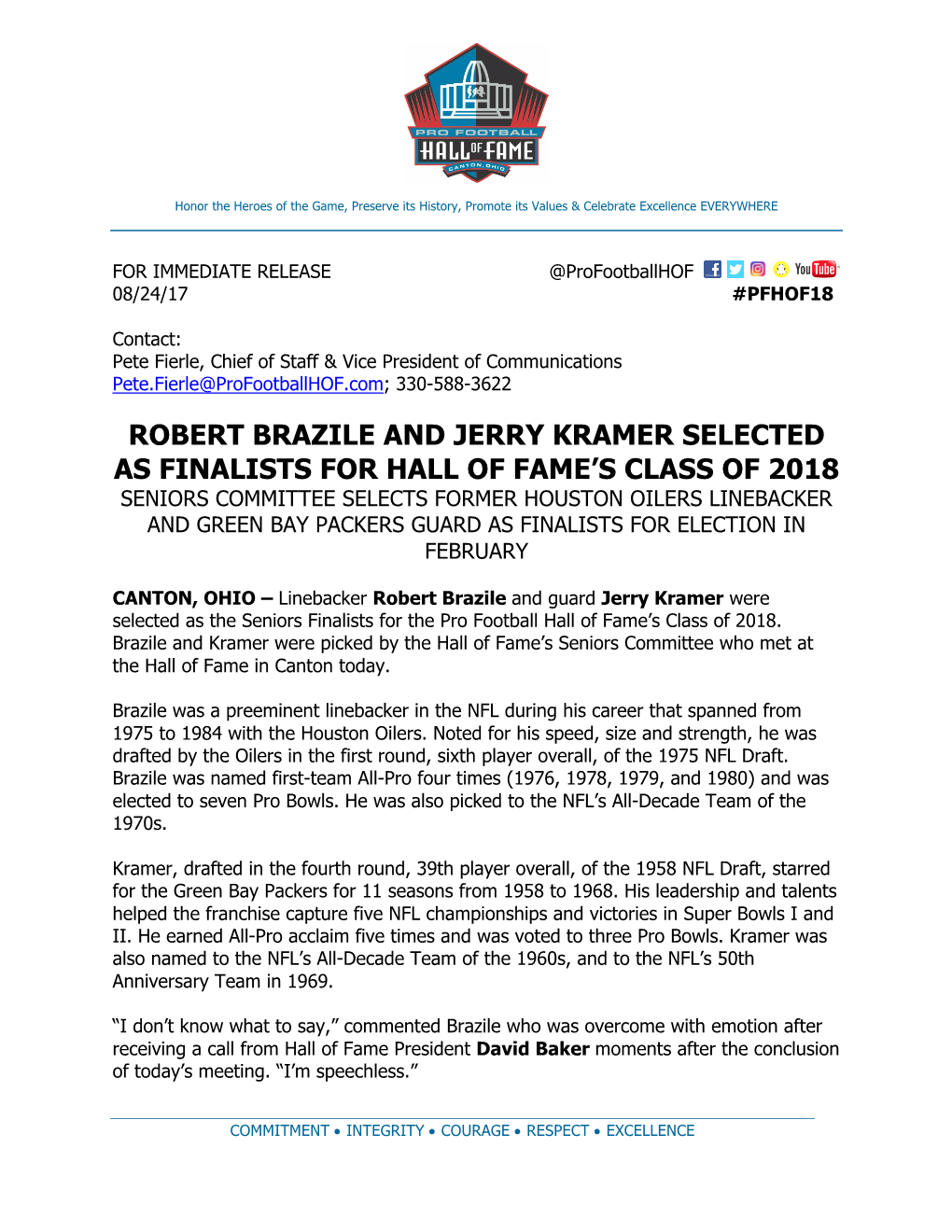 Robert Brazile and Jerry Kramer Selected As