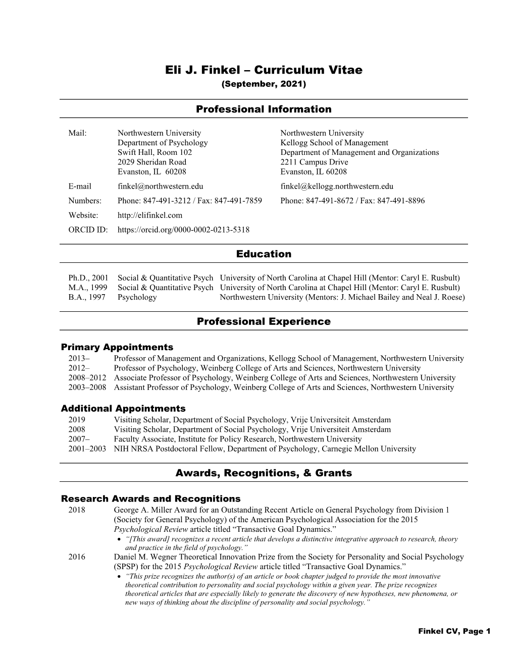 Eli J. Finkel – Curriculum Vitae (September, 2021)