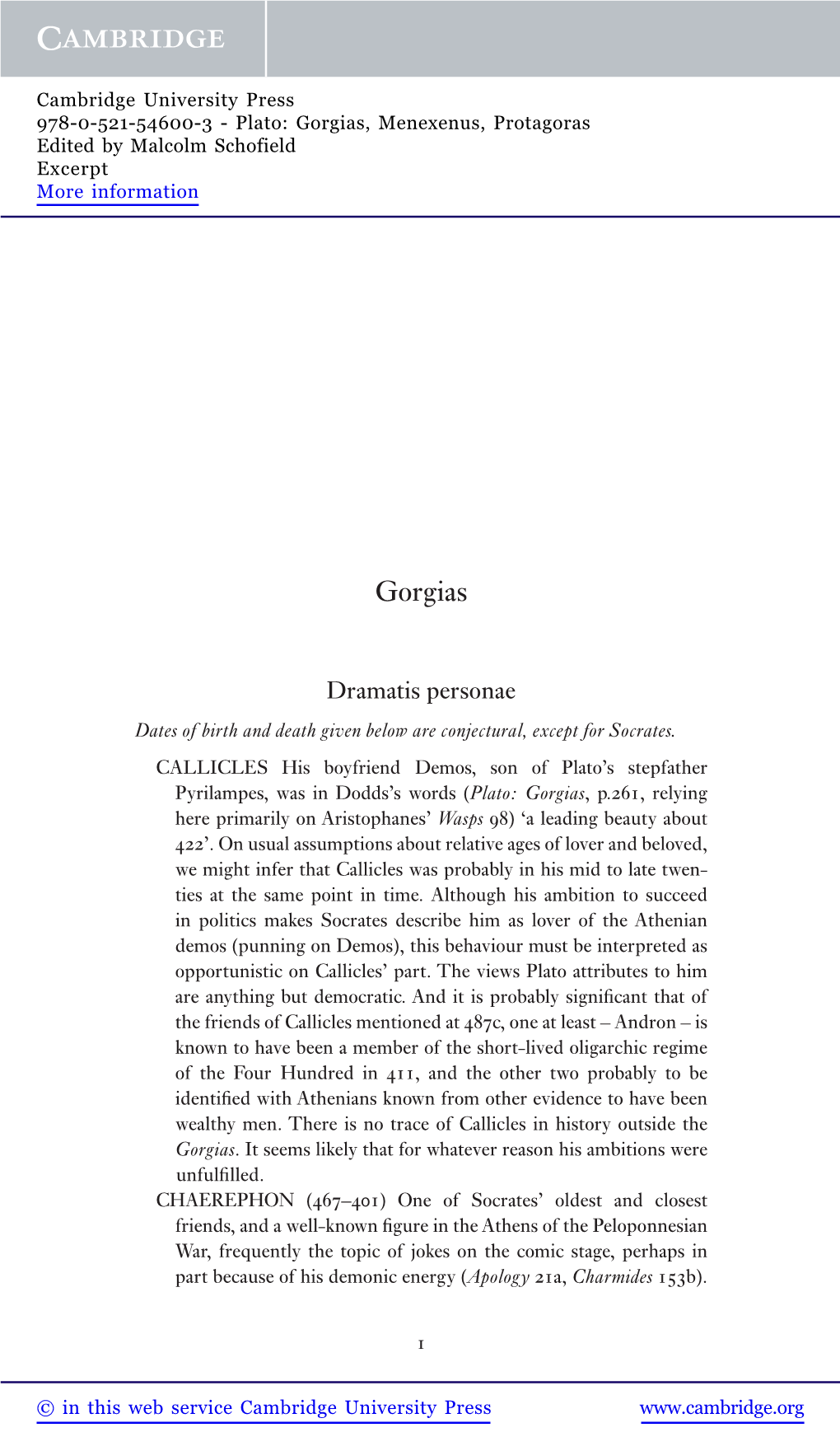 Gorgias, Menexenus, Protagoras Edited by Malcolm Schofield Excerpt More Information