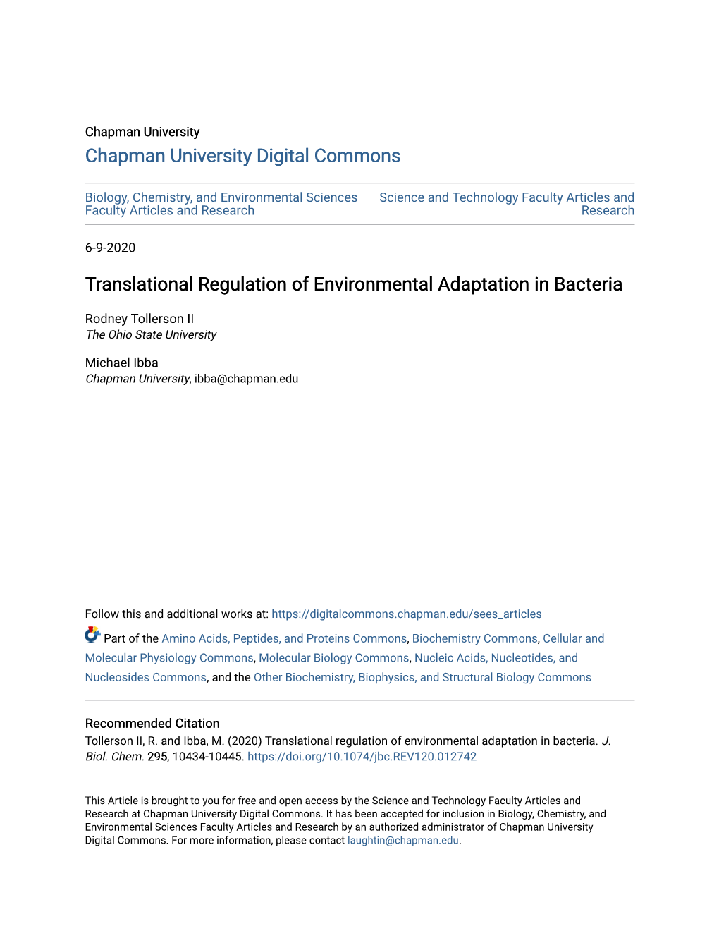 Translational Regulation of Environmental Adaptation in Bacteria