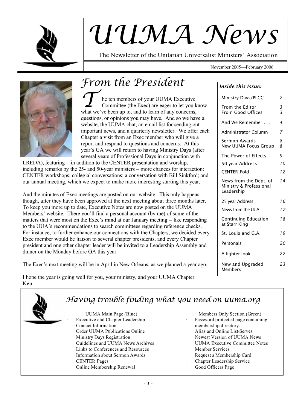 UUMA News the Newsletter of the Unitarian Universalist Ministers’ Association