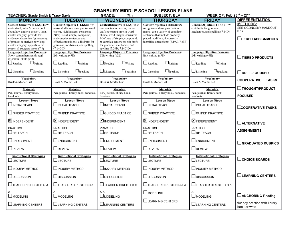 Granbury Middle School Lesson Plans