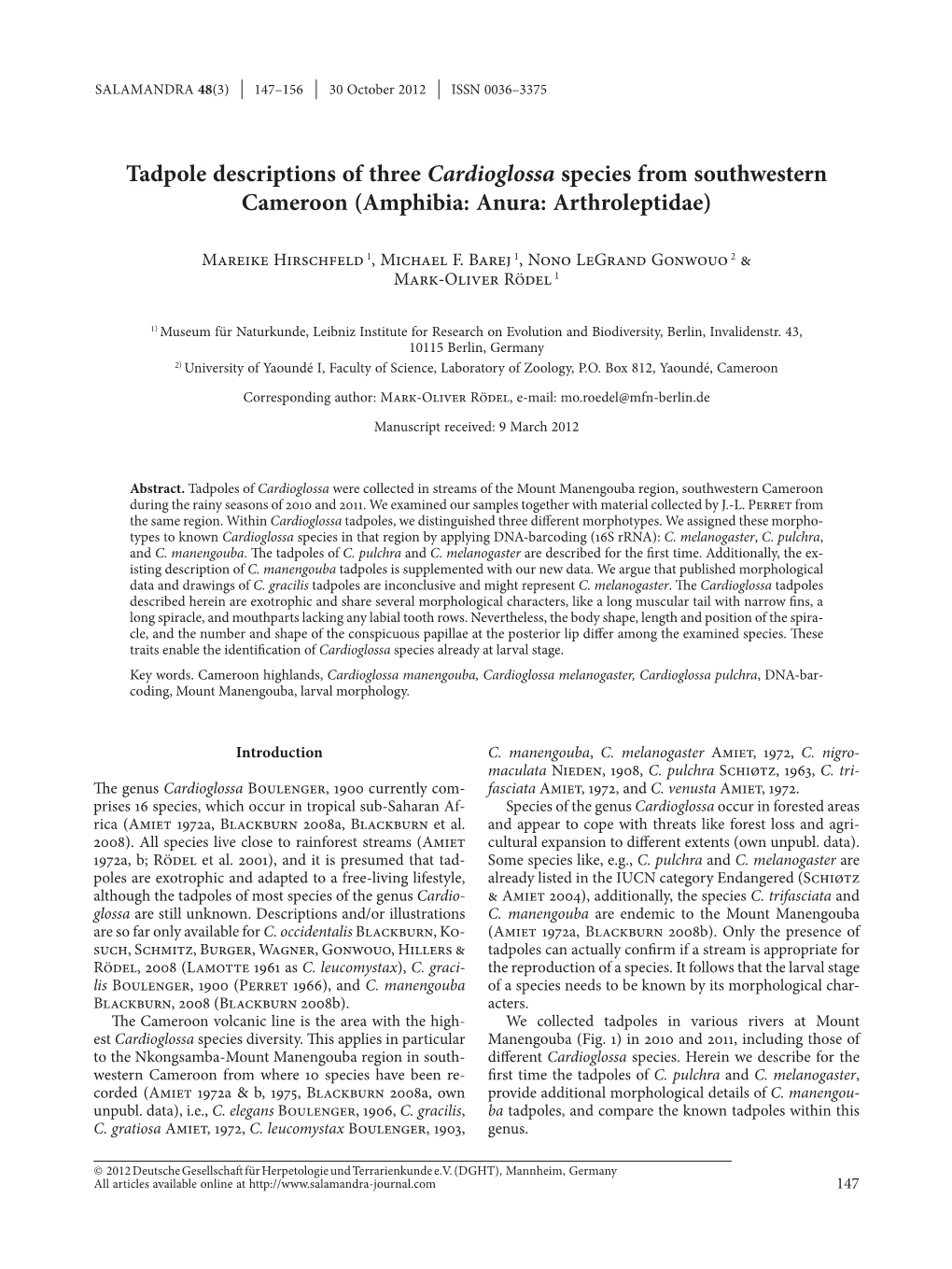 Tadpole Descriptions of Three Cardioglossa Species from Southwestern Cameroon (Amphibia: Anura: Arthroleptidae)