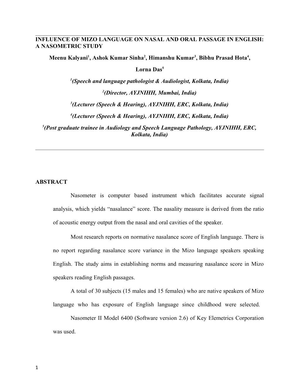 Influence of Mizo Language on Nasal and Oral Passage in English: a Nasometric Study