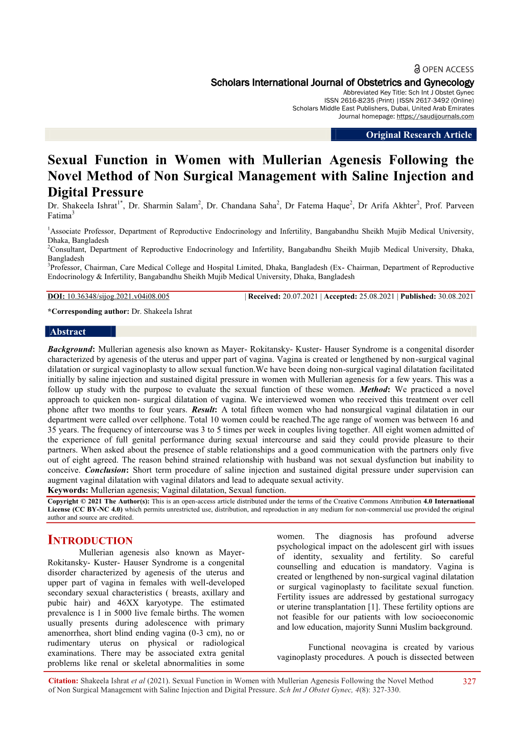 Sexual Function in Women with Mullerian Agenesis Following the Novel Method of Non Surgical Management with Saline Injection and Digital Pressure Dr