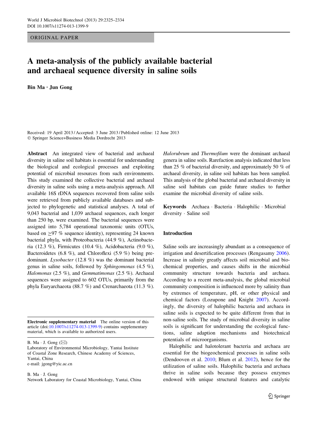 A Meta-Analysis of the Publicly Available Bacterial and Archaeal Sequence Diversity in Saline Soils