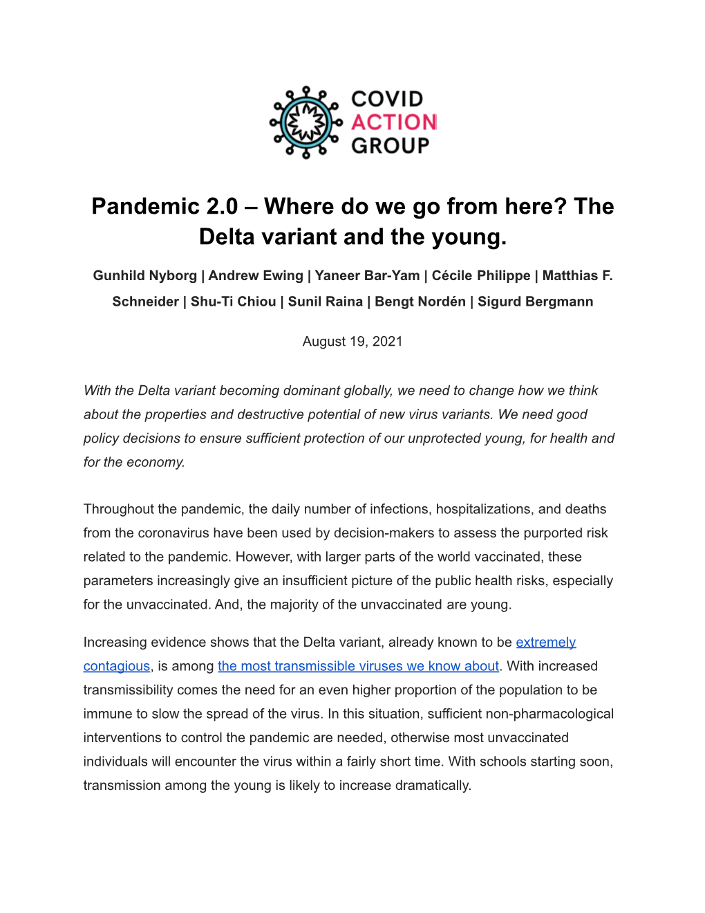 Pandemic 2.0 – Where Do We Go from Here? the Delta Variant and the Young