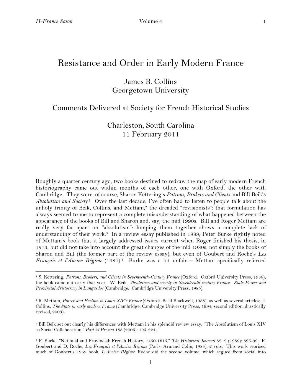 Resistance and Order in Early Modern France