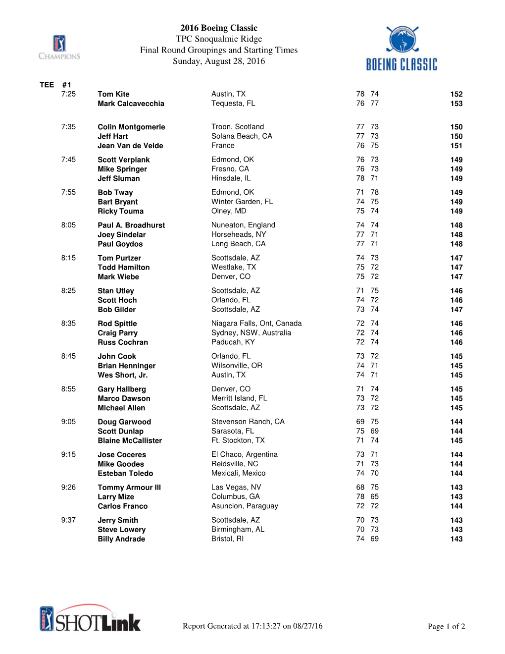2016 Boeing Classic TPC Snoqualmie Ridge Final Round Groupings and Starting Times Sunday, August 28, 2016