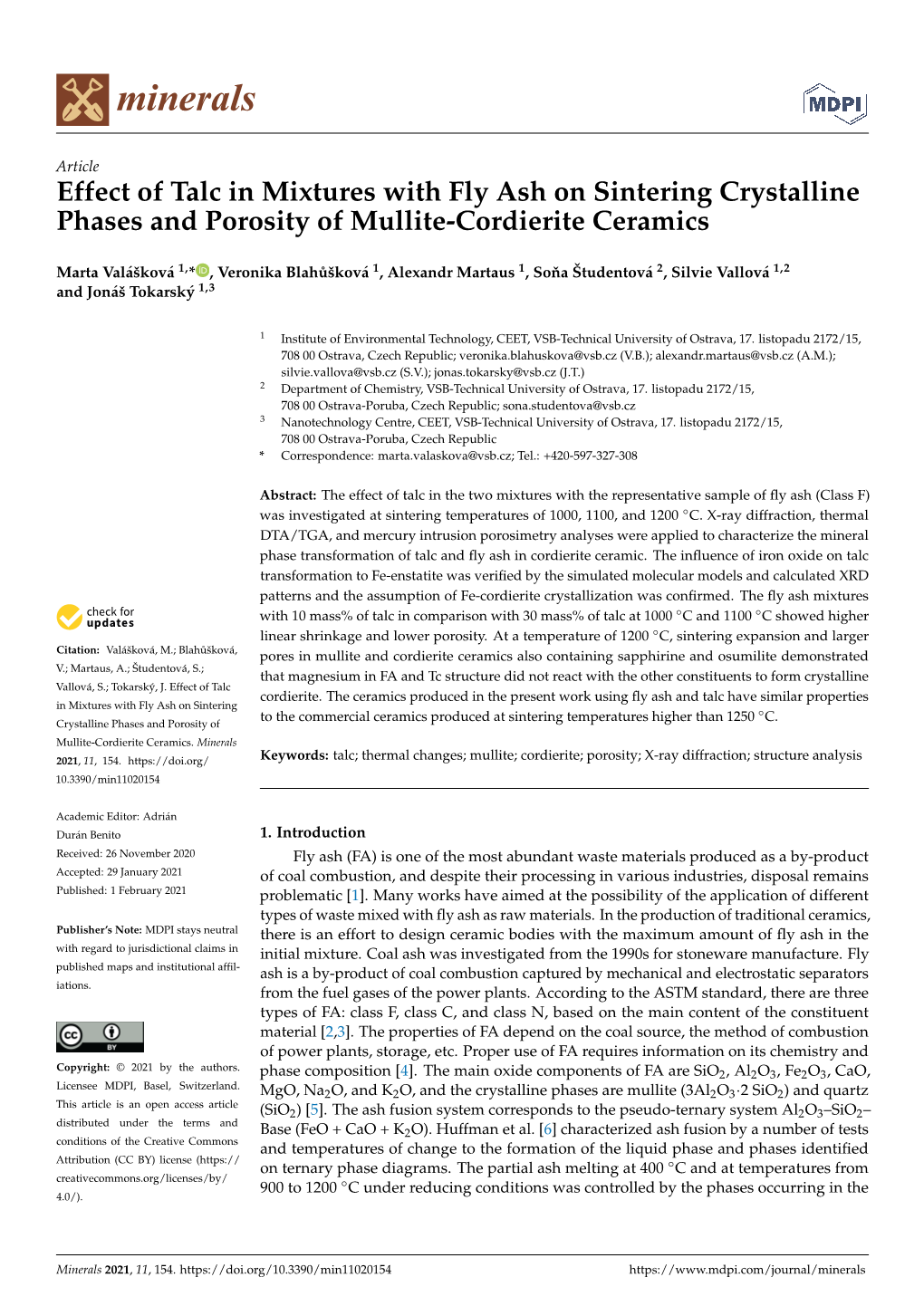 Effect of Talc in Mixtures with Fly Ash on Sintering Crystalline Phases and Porosity of Mullite-Cordierite Ceramics