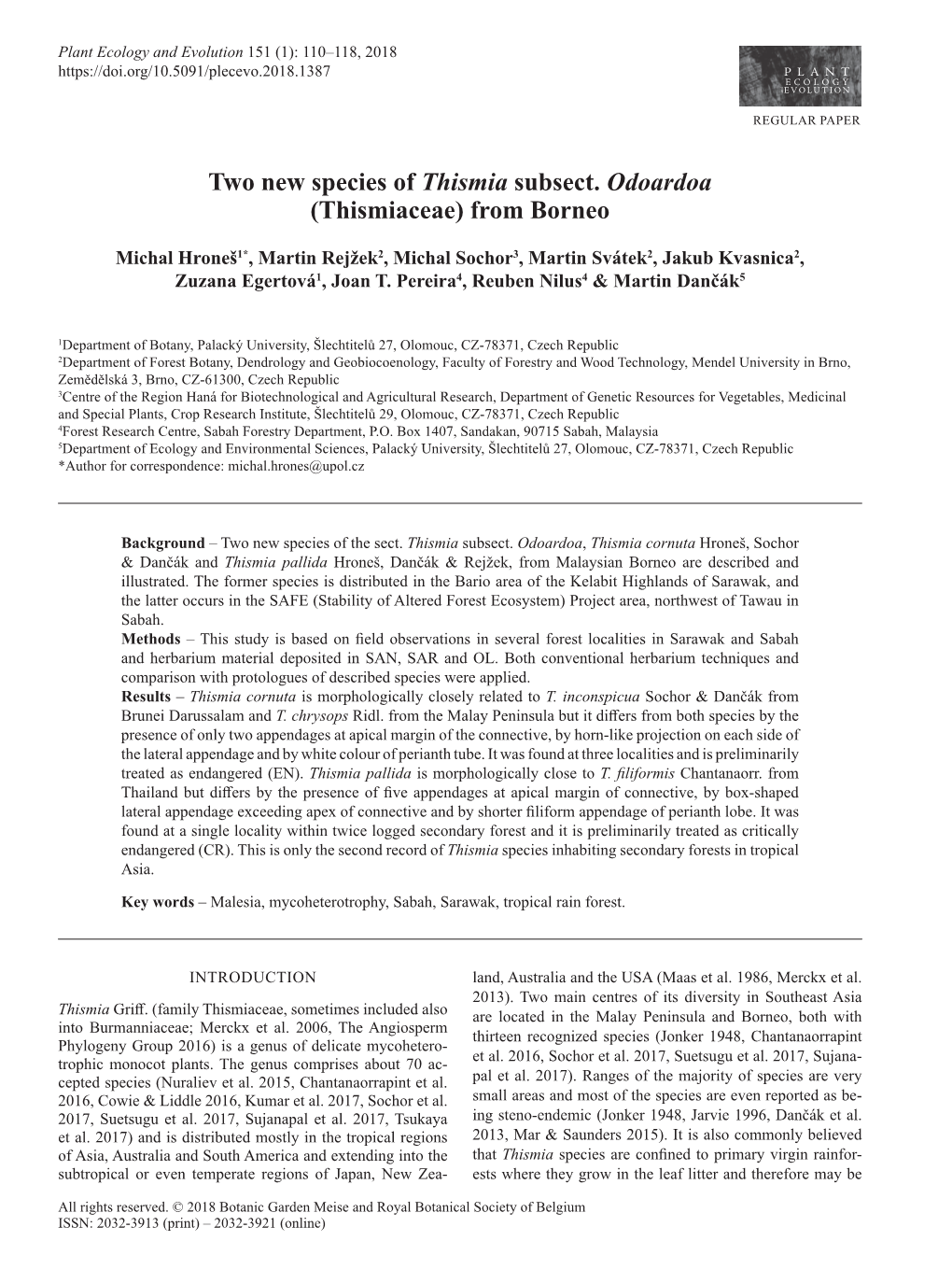 Two New Species of Thismia Subsect. Odoardoa (Thismiaceae) from Borneo