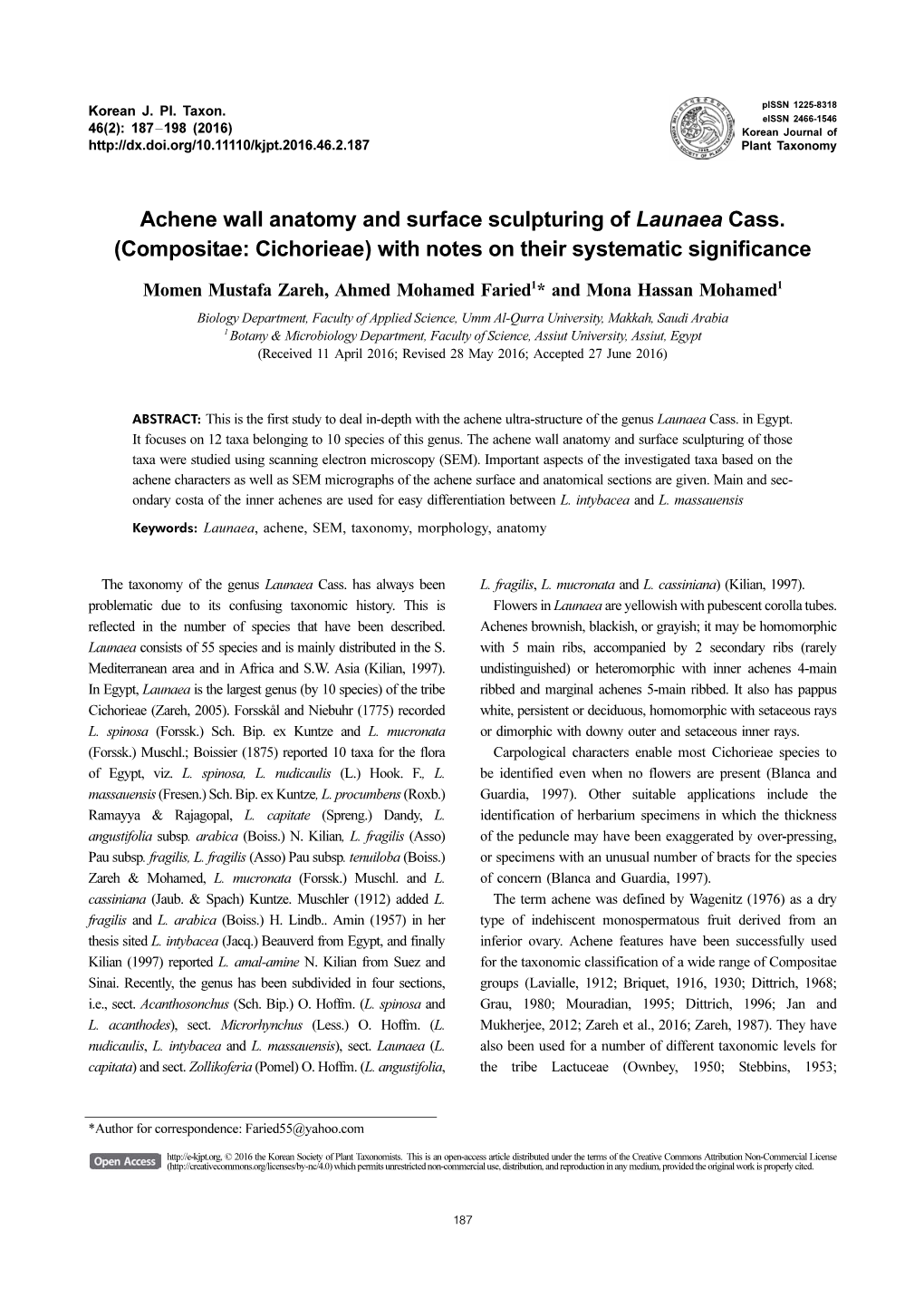 Achene Wall Anatomy and Surface Sculpturing of Launaea Cass