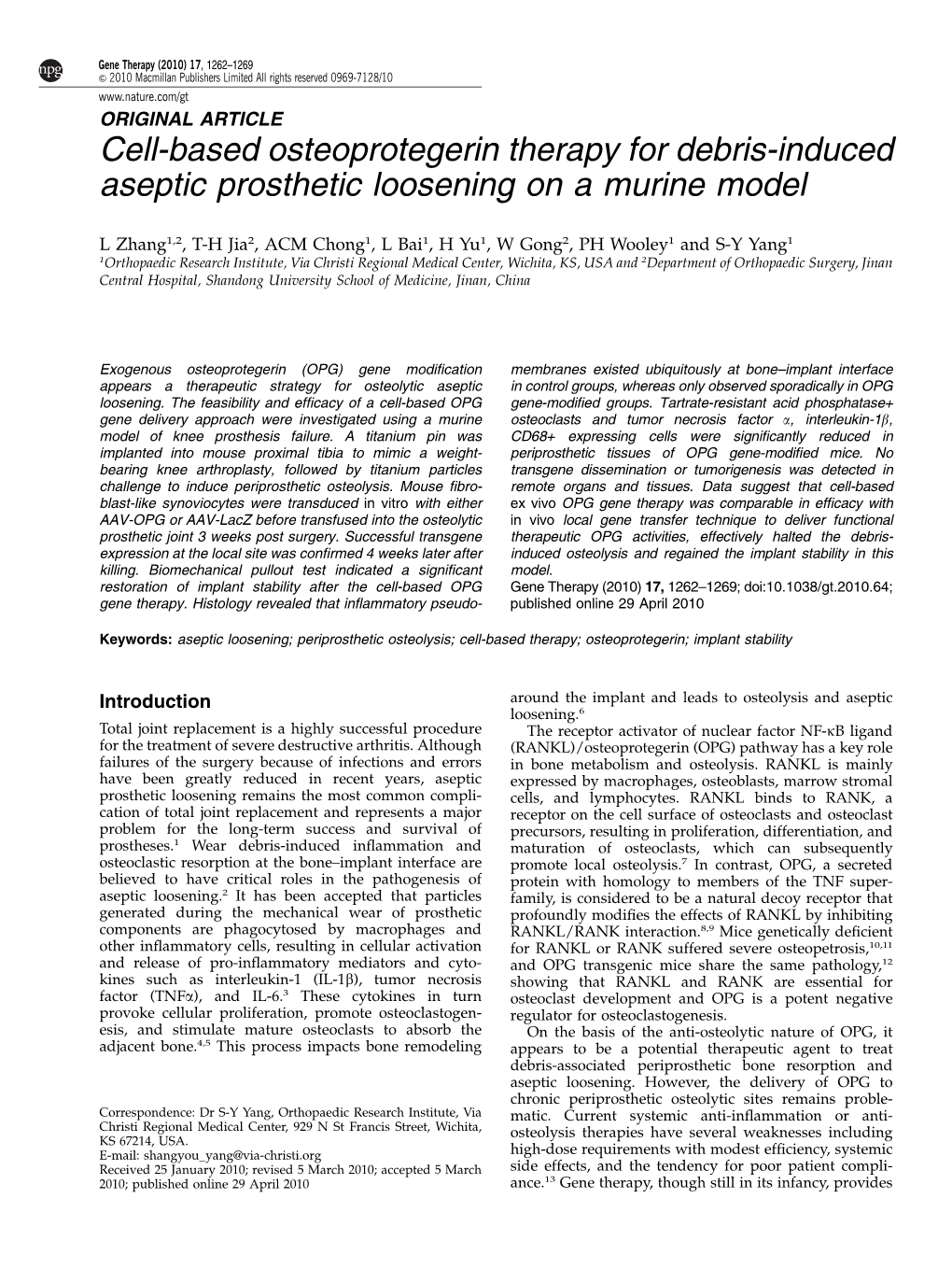 Cell-Based Osteoprotegerin Therapy for Debris-Induced Aseptic Prosthetic Loosening on a Murine Model